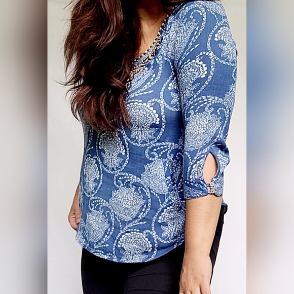 Lucky Brand Women's Boho Blouse Cotton/Rayon Beaded Blue/White Small - Picture 9 of 16